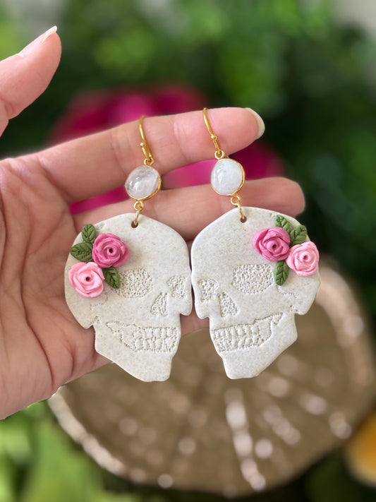 Floral Skull + Moonstone Clay Earrings