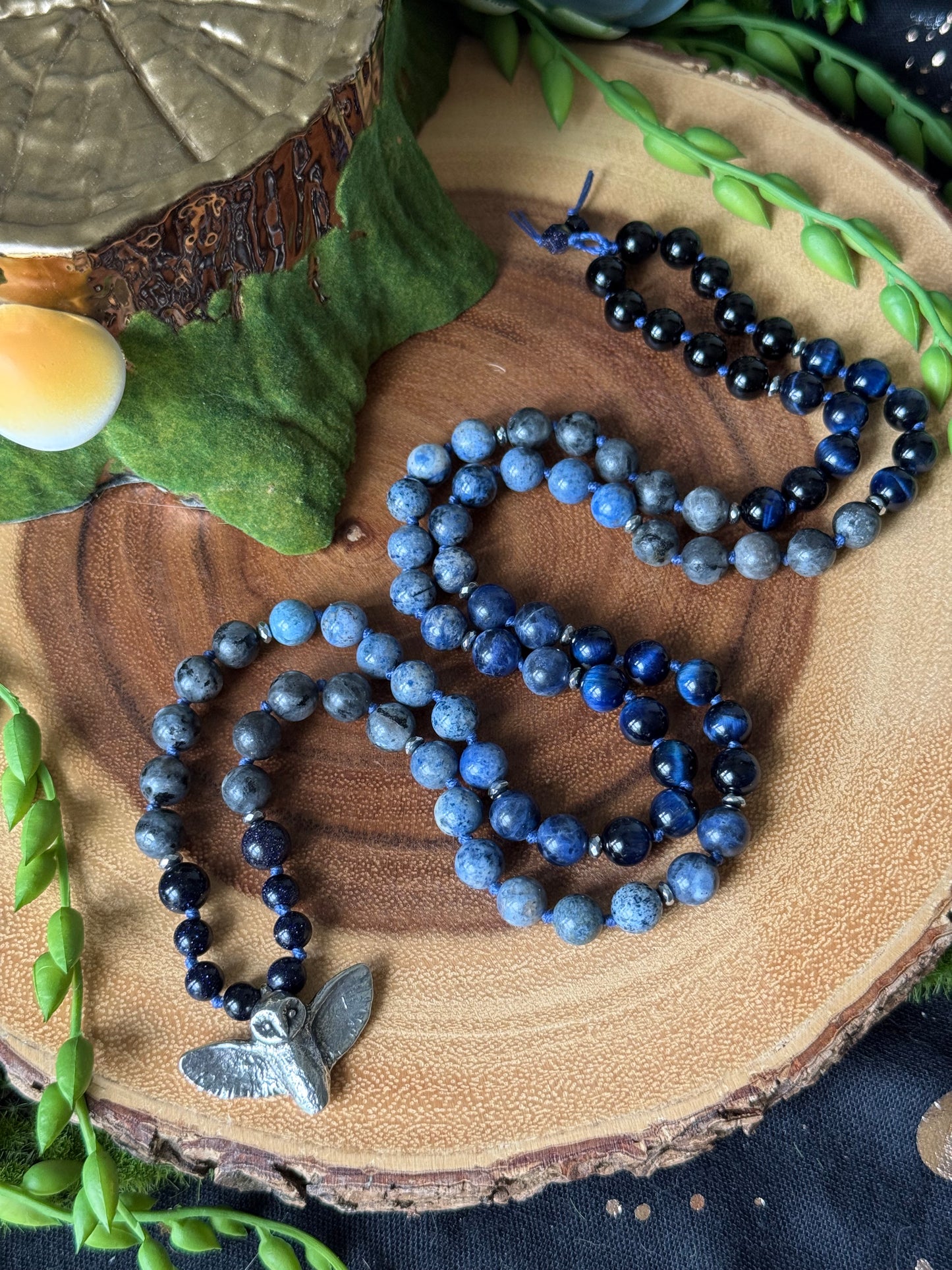 Midnight Owl 90 bead Hand-Knotted Necklace