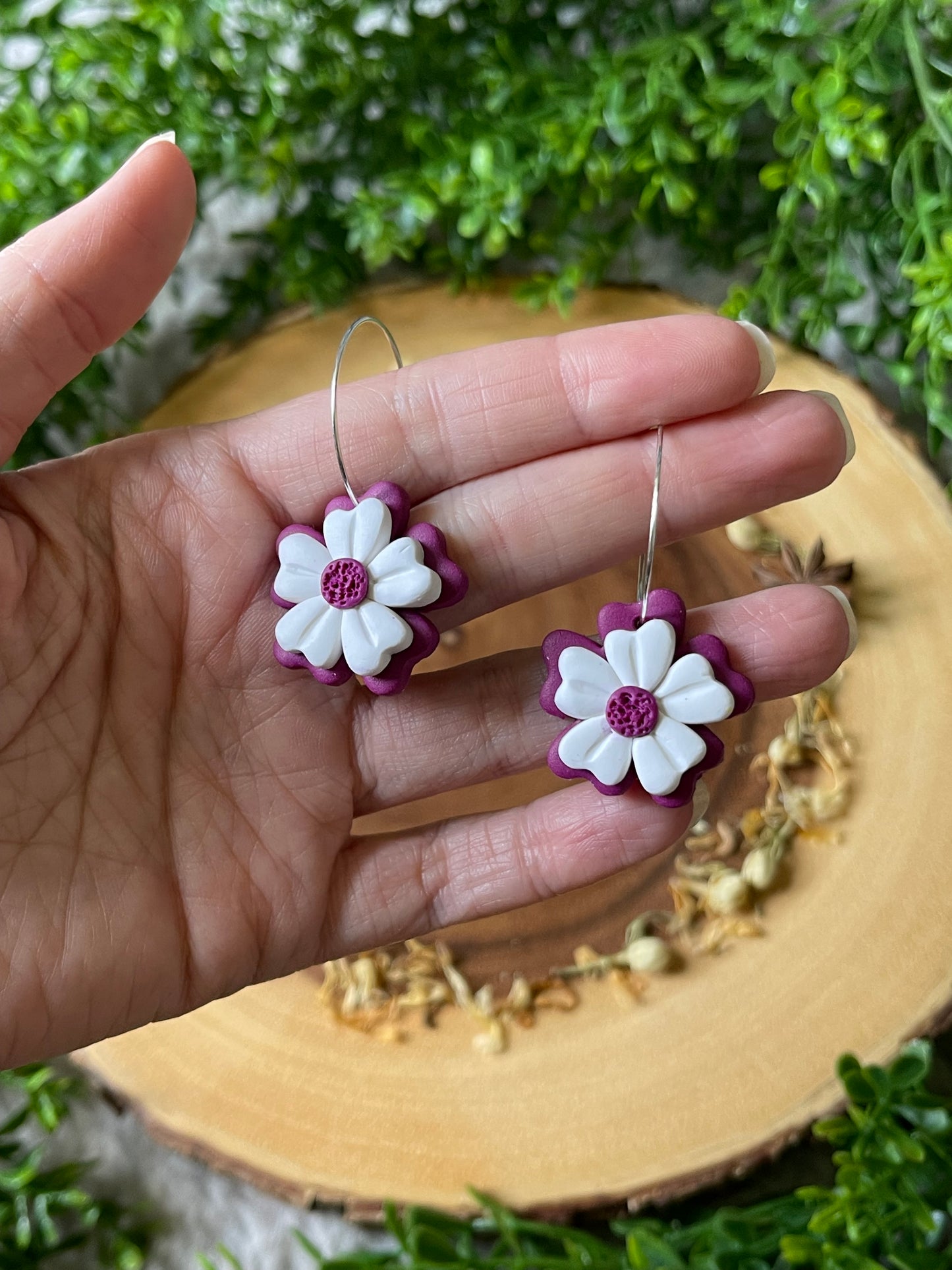 Purple + White Flower Hoop Earrings
