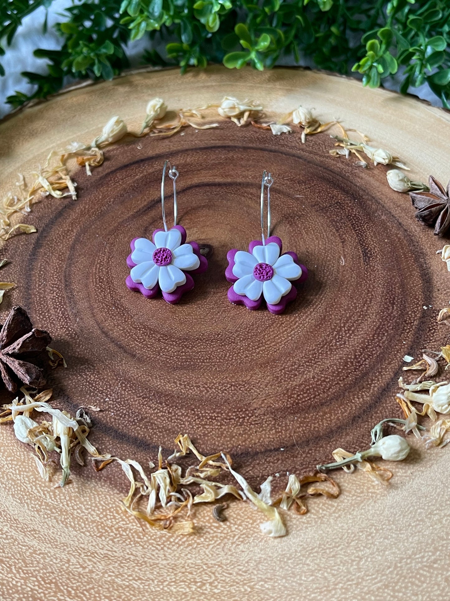 Purple + White Flower Hoop Earrings