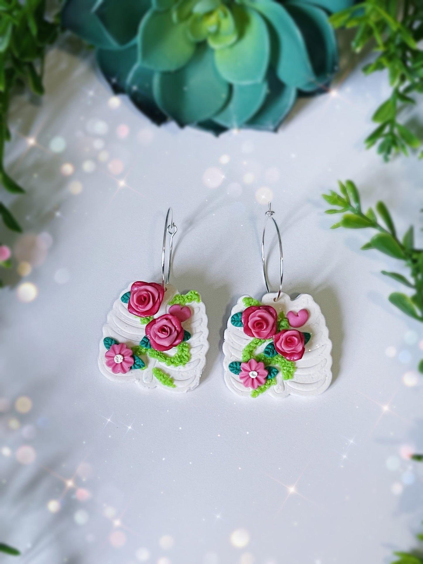 Mossy Floral Ribcage Clay Earrings