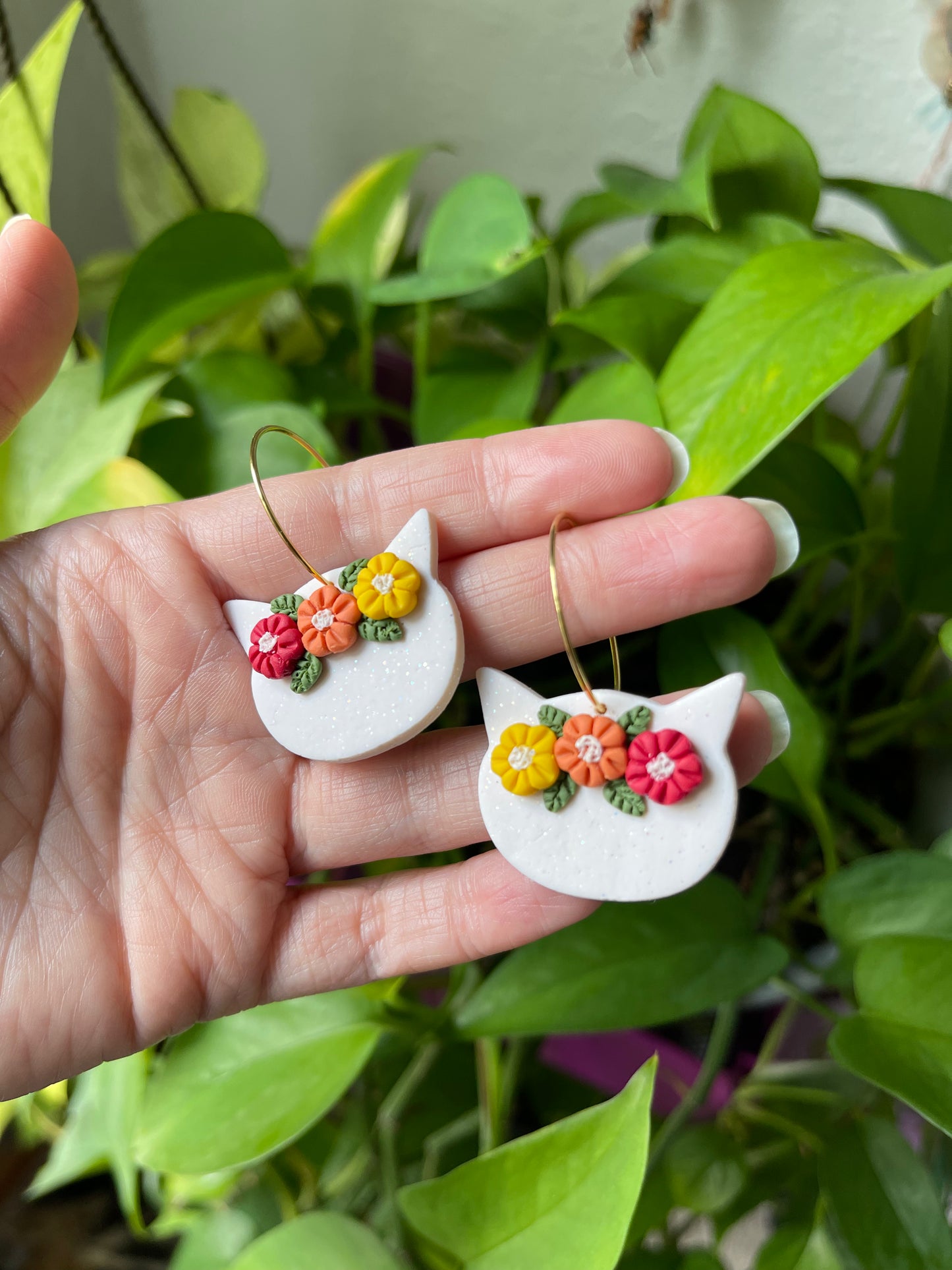 Autumn White Cat Hoop Earrings