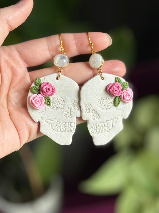 Floral Skull + Moonstone Clay Earrings