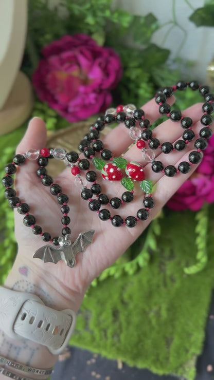 Strawberry Fruit Bat 🦇 🍓 90 bead Hand-Knotted Necklace